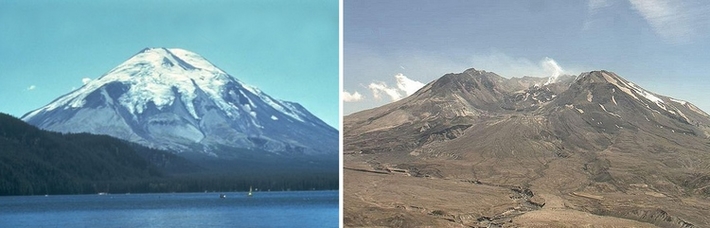 Mount St. Helens in 1980 and 2007.